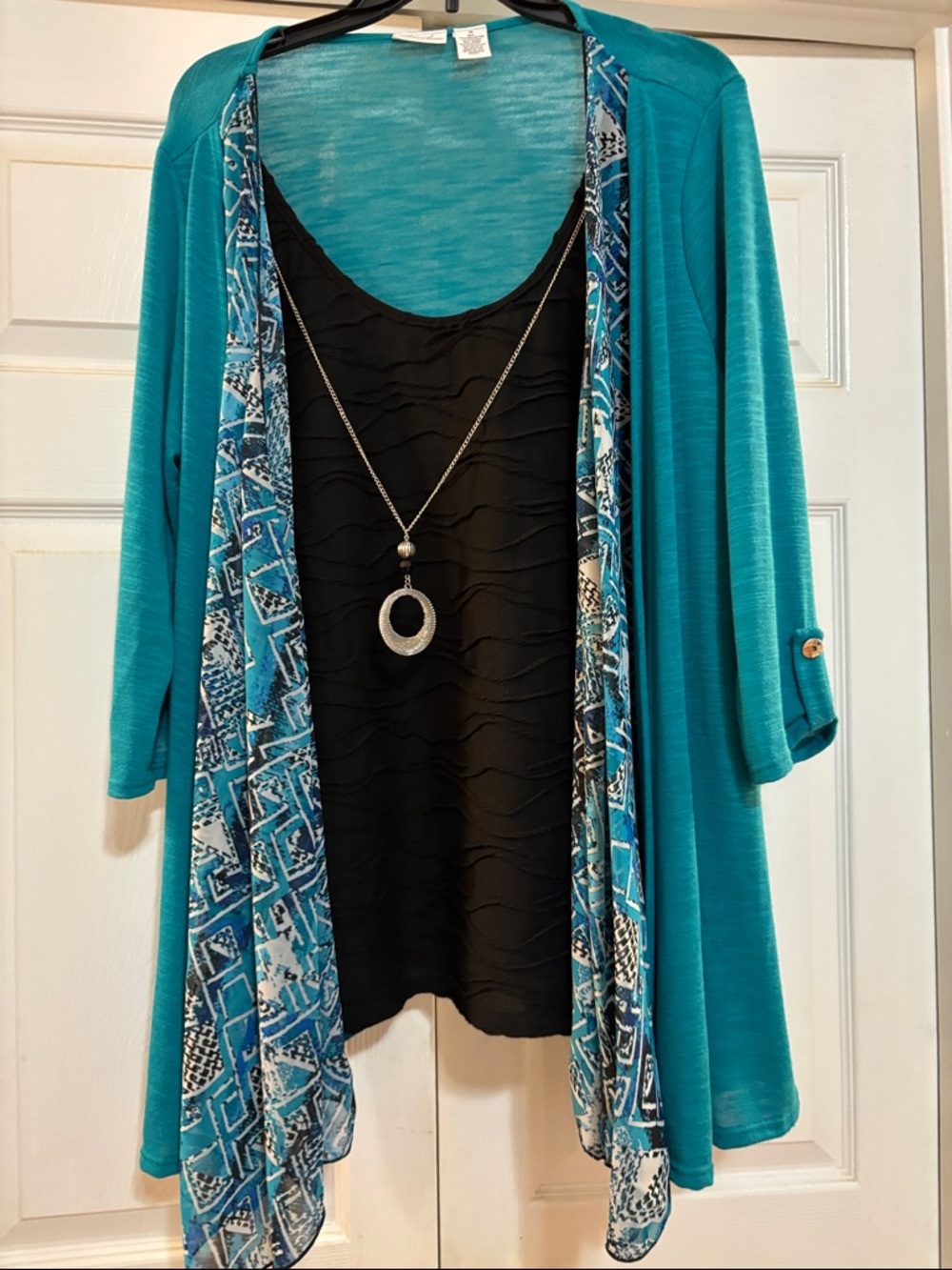 Kim Rogers Teal Layered Open Cardigan with Black Tank
